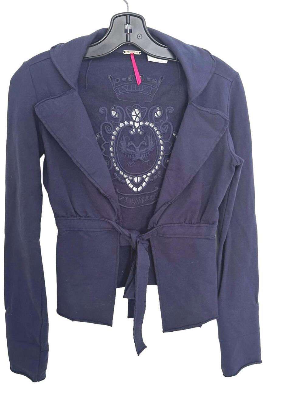 Fornarina Women’s Navy Embroidered Crest Belted Wrap Y2K Cardigan Jacket - XS